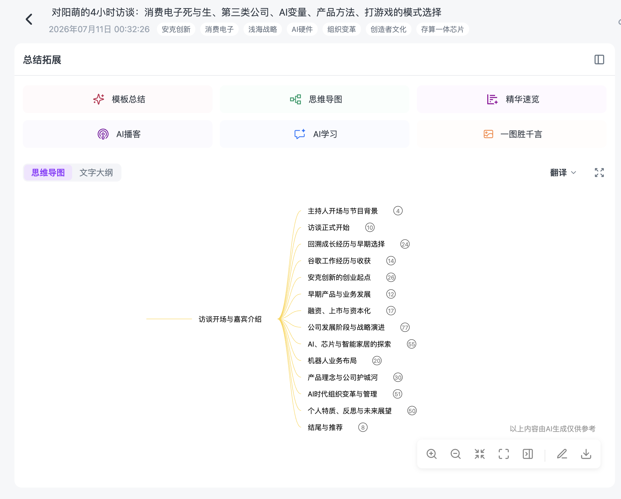 Ai好记AI视频转思维导图功能,将长视频访谈自动整理成分层知识结构与核心主题